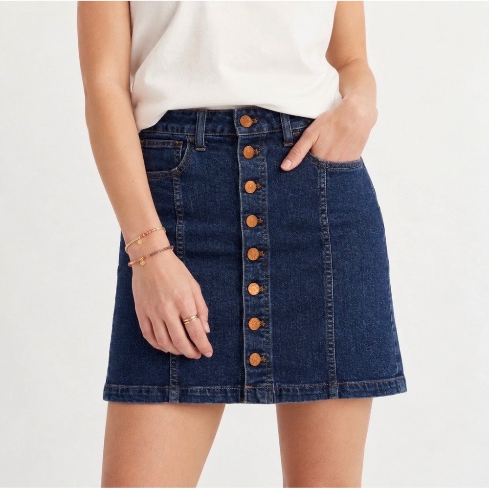 Madewell Denim Button Front Mini Skirt Medium Indigo Blue Size 27 Stretch A-Line